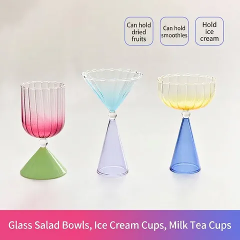 Creative Gradient Glass Dessert Cup Heat Resistant Stemmed Ice Cream Bowl Wavy Rim Ribbed Cocktail Glass For Home Party
