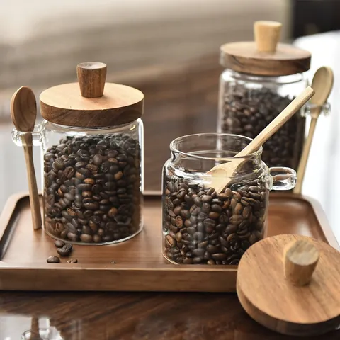 Japanese Borosilicate Glass Airtight Jar with Acacia Wood Lid and Spoon Clear Coffee Bean Storage Jar for Kitchen Food Grain