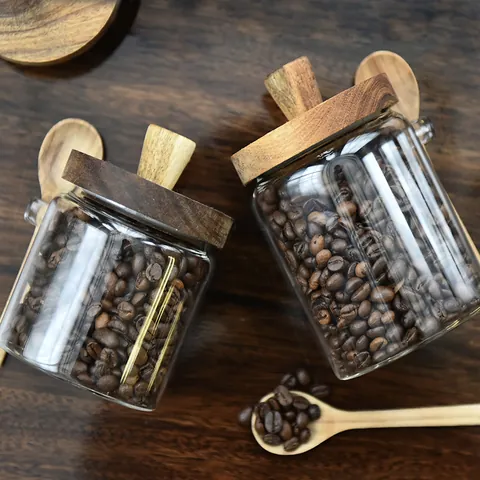 Japanese Borosilicate Glass Airtight Jar with Acacia Wood Lid and Spoon Clear Coffee Bean Storage Jar for Kitchen Food Grain