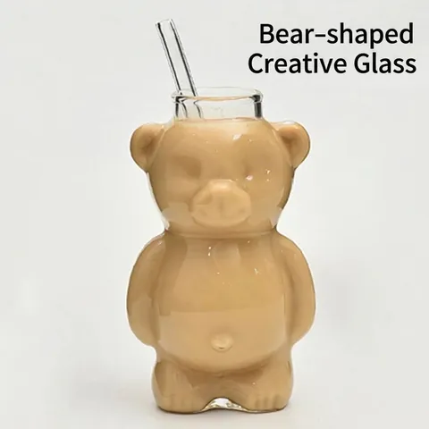 Cute Bear Shaped Borosilicate Glass Cup Creative Cartoon Coffee Milk Tea Water Cup With Glass Straw Home Office Drinkware