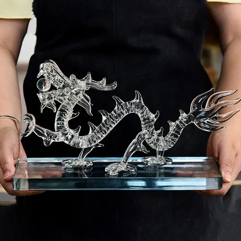 Figura de Dragón del Zodiaco Chino en Vidrio de Cristal Estatua de Dragón de Vidrio Claro Con Base para Decoración del Hogar Oficina