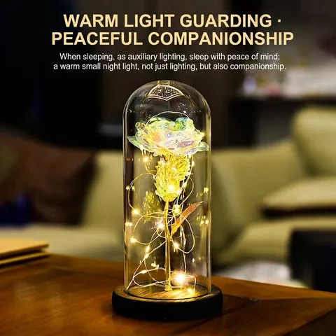 Eternal Flower Glass Dome Gold Foil Rose LED Light Couple Figurines Night Lamp Romantic Valentine Christmas Birthday Gift Home Decor
