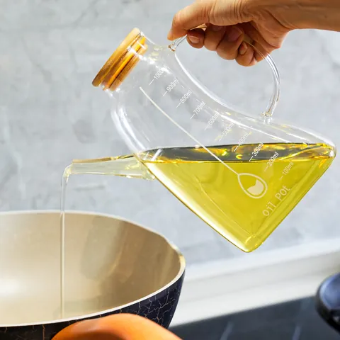 Large Capacity Glass Oil Bottle With Bamboo Lid And Scale Leak Proof Vinegar Sauce Dispenser For Kitchen Cooking Storage Container