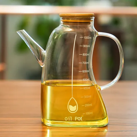 Large Capacity Glass Oil Bottle With Bamboo Lid And Scale Leak Proof Vinegar Sauce Dispenser For Kitchen Cooking Storage Container