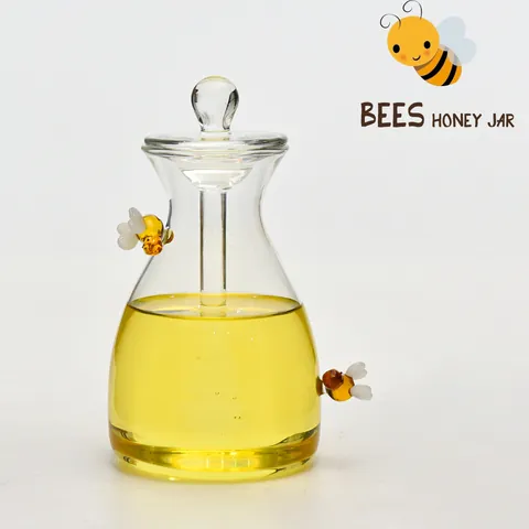 Creative Glass Honey Jar With Dipper And Lid Transparent Storage Bottle With Bee Bear Handle Decorative Kitchen Glassware