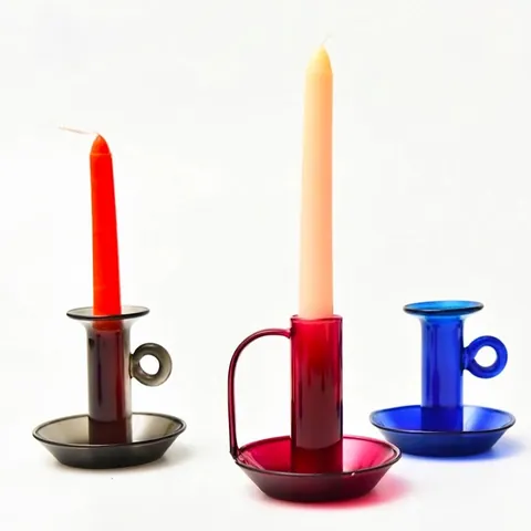 Vintage Colored Glass Candle Holder With Handle European Style Transparent Round Candlestick For Home Table Decor Gift Centerpiece
