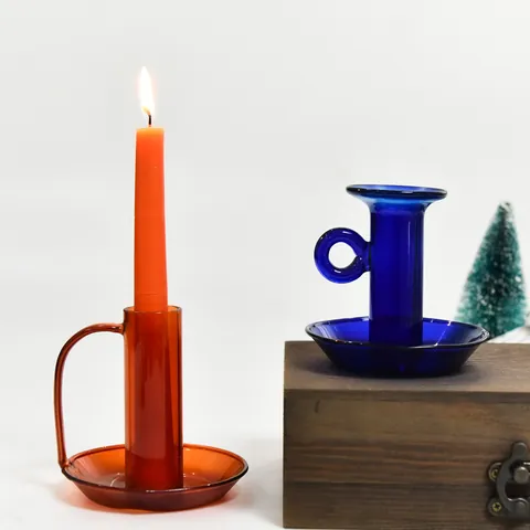Vintage Colored Glass Candle Holder With Handle European Style Transparent Round Candlestick For Home Table Decor Gift Centerpiece