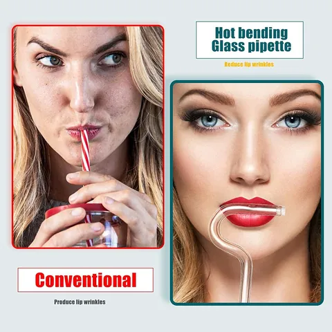 Anti Lip Wrinkle Glass Straw Set Flute Design Horizontal Glass Drinking Straw Prevent Mouth Lines Reusable Personal Care Home