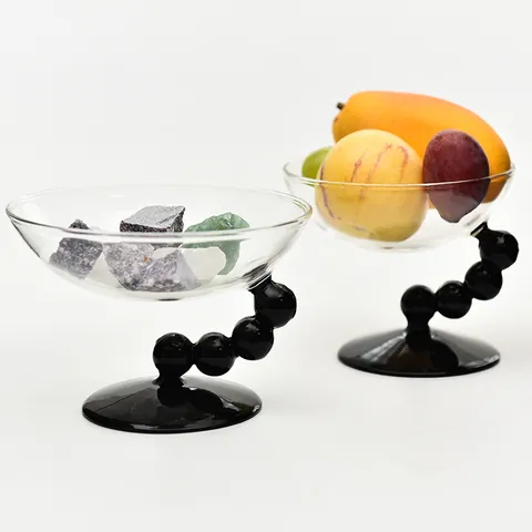 Creative High Leg Glass Bowl Black Beaded Stem Dessert Cup Ice Cream Bowl Fruit Salad Bowl Modern Desktop Decoration