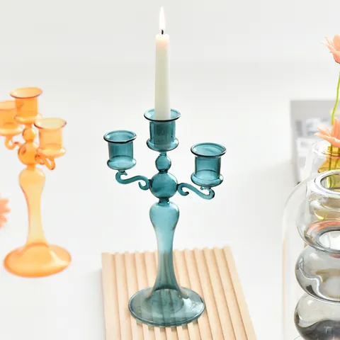 French Retro Glass Candelabra 3-Arm Romantic Candle Holder for Wedding Dinner Table Centerpiece Home Decor Accents
