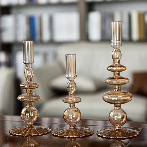 European Vintage Colored Glass Candle Holder Ribbed Base Table Decor Creative Geometric Glass Candlestick Wedding Party Props