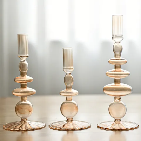European Vintage Colored Glass Candle Holder Ribbed Base Table Decor Creative Geometric Glass Candlestick Wedding Party Props