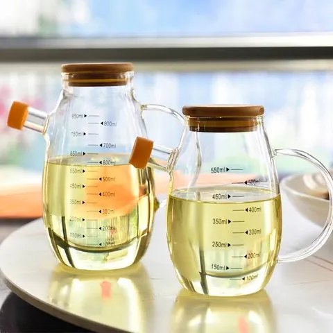 Clear Glass Oil Dispenser Bottle Bamboo Lid Quantitative Measurement Scale Leakproof Vinegar Cruet Kitchen Storage Supplies
