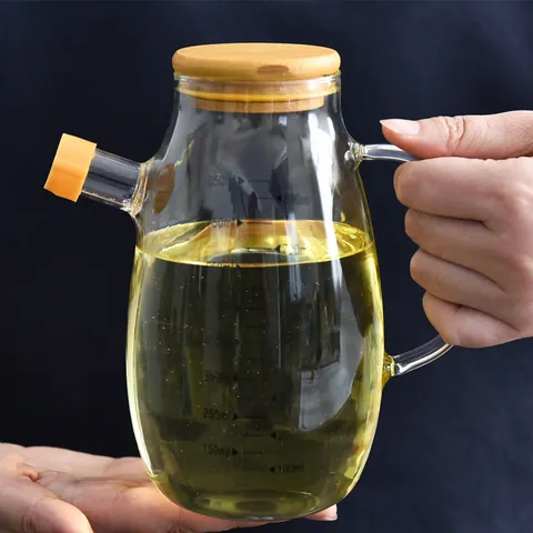 Clear Glass Oil Dispenser Bottle Bamboo Lid Quantitative Measurement Scale Leakproof Vinegar Cruet Kitchen Storage Supplies