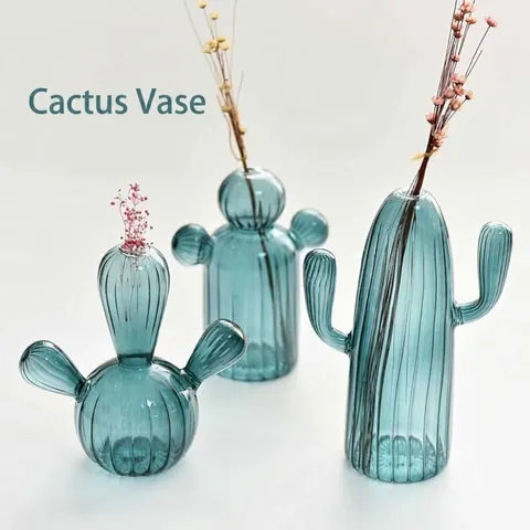 Creative Cactus Shape Colored Glass Vase Nordic Ins Style Hydroponic Flower Vessel Modern Minimalist Tabletop Ornament Decor