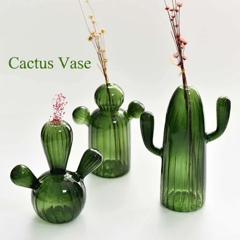 Creative Cactus Shape Colored Glass Vase Nordic Ins Style Hydroponic Flower Vessel Modern Minimalist Tabletop Ornament Decor
