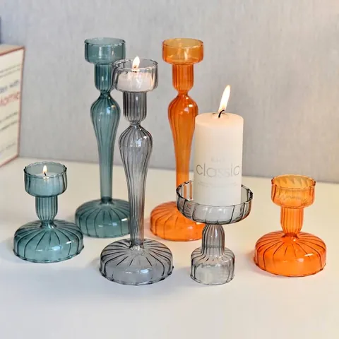 Vintage Ribbed Glass Candle Holder European Transparent Colorful Dual Use Candlestick For Dining Table Home Decor Wedding Decor Gift