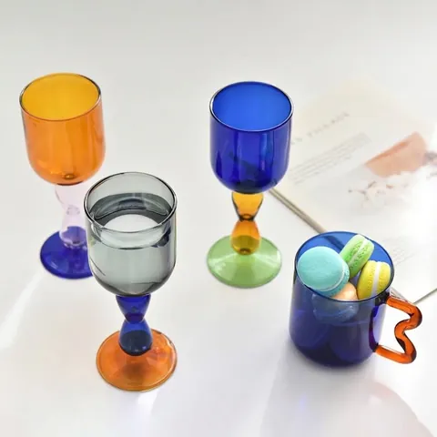 Creative Contrast Colored Glass Wine Goblet Hand Blown Heat Resistant Cocktail Champagne Glass For Party Wedding Gift