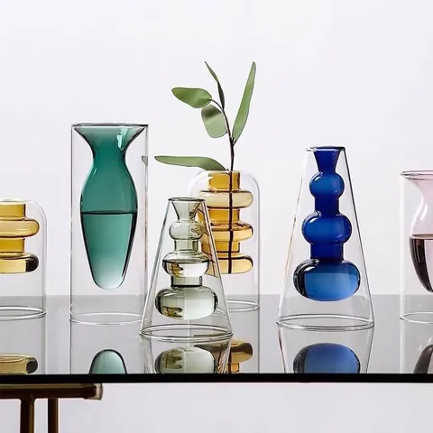 Nordic Creative Double-Layer Glass Vase Colorful Transparent Hydroponic Flower Device Desktop Aromatherapy Bottle Ornament