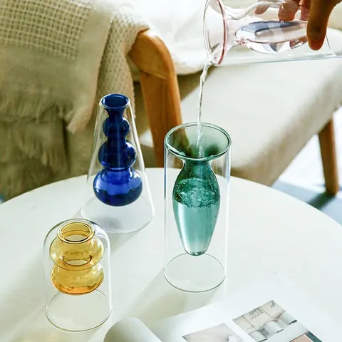 Nordic Creative Double-Layer Glass Vase Colorful Transparent Hydroponic Flower Device Desktop Aromatherapy Bottle Ornament