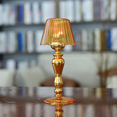 High Borosilicate Glass Table Lamp Shaped Candlestick Holder Retro European Style Champagne Gold Creative Wedding Decor Ornament