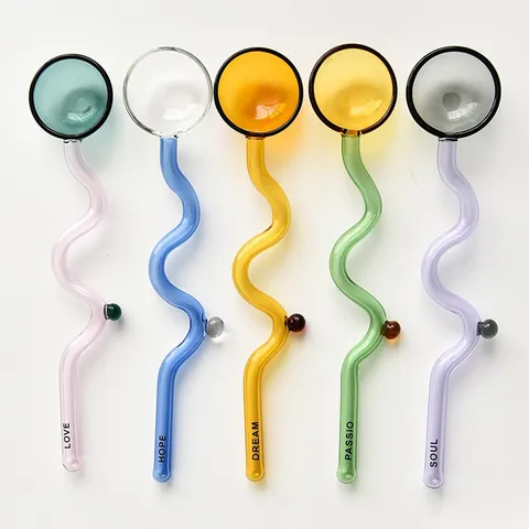 Heat Resistant Colored Glass Spoon Wavy Handle Round Head Stirrer For Coffee Milk Dessert Decorative Kitchen Tableware