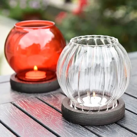 European Vintage Colored Ribbed Glass Candle Holder With Wood Base Windproof Glass Dome Candlestick Home Table Decor