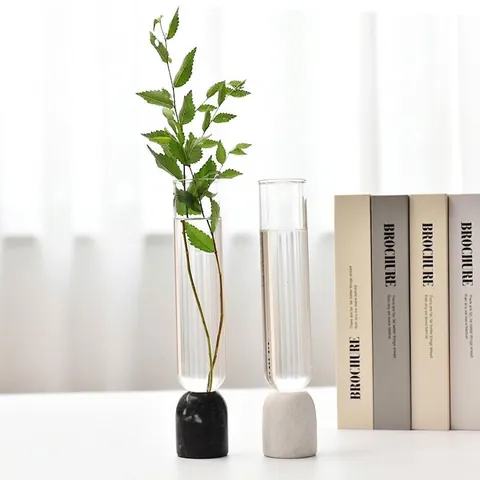 Jarrón de Vidrio Transparente Minimalista Nórdico Con Base de Mármol Natural Jarrón de Flores Hidropónico Cilindro Para Sala De Estar