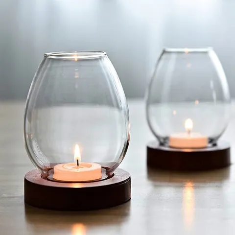 European Retro Transparent Glass Windproof Candlestick With Walnut Wood Base Ribbed Glass Dome Candle Holder For Zen Home Table Decor