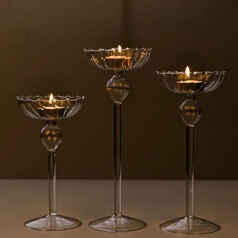 European Ribbed Glass Candle Holder Set Vintage High Foot Tealight Holder For Wedding Romantic Dinner Party Home Table Decor