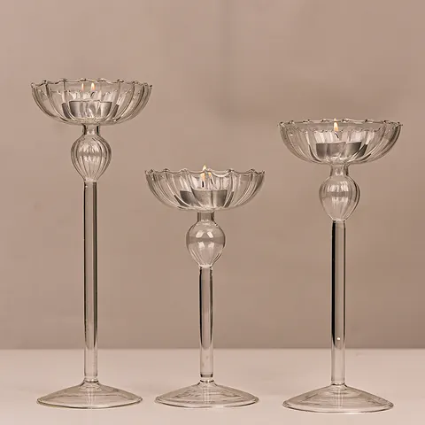 European Ribbed Glass Candle Holder Set Vintage High Foot Tealight Holder For Wedding Romantic Dinner Party Home Table Decor
