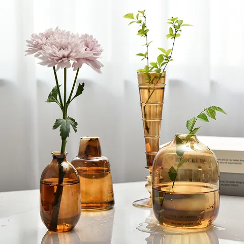 Nordic Amber Glass Vase Retro Ins Style Transparent Aromatherapy Bottle Creative Hydroponic Ornament For Home Living Room