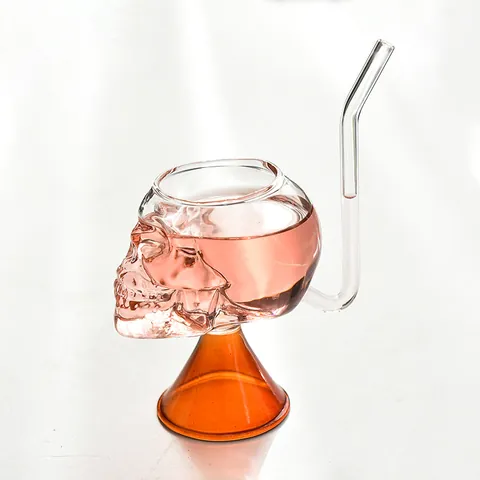 Copa de Vino de Cristal de Calavera Vampiro Creativa Copa de Cóctel Transparente Con Pajita Integrada Gótico Halloween