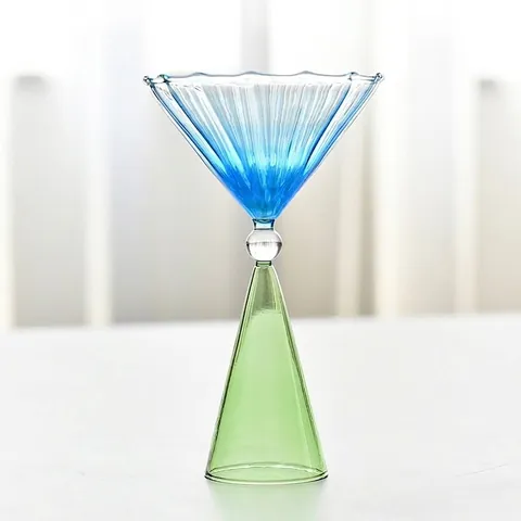 Modern Artistic Striped Gradient Glass Goblet Ribbed Wine Champagne Glass Colorful Geometric Base Cocktail Dessert Cup