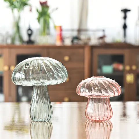 Creative Mushroom Glass Vase Desktop Aromatherapy Bottle Transparent Striped Hydroponic Plant Container Modern Home Decor Ornament