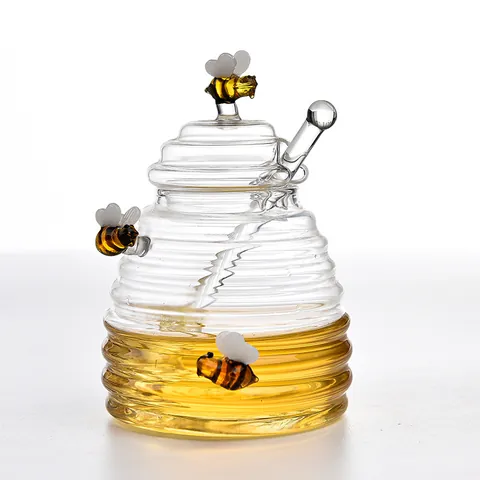 Glass Honey Jar With Lid And Stirrer Bee Bear Pattern Decorative Storage Bottle For Kitchen Home Modern Style