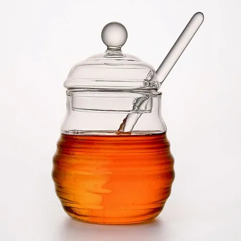 Glass Honey Jar With Lid And Stirrer Bee Bear Pattern Decorative Storage Bottle For Kitchen Home Modern Style