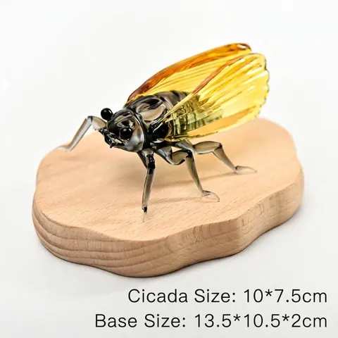 Creative Glass Cicada Ornament With Natural Wood Base Artistic Glass Craft One Blockbuster Home Office Desktop Decoration Glass Figurine