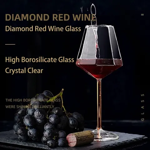 Diamond Cut High Borosilicate Glass Wine Glass With Colorful Stem Luxury Geometric Champagne Goblet For Wedding Party Gift