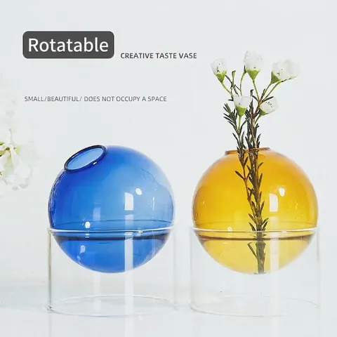 Nordic Ins Style Colored Spherical Glass Vase Rotatable Bubble Flower Pot Hand Blown Decorative Aromatherapy Bottle Ornament