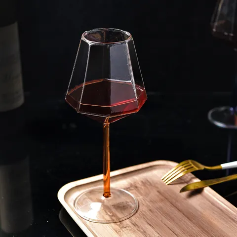 Diamond Cut High Borosilicate Glass Wine Glass With Colorful Stem Luxury Geometric Champagne Goblet For Wedding Party Gift