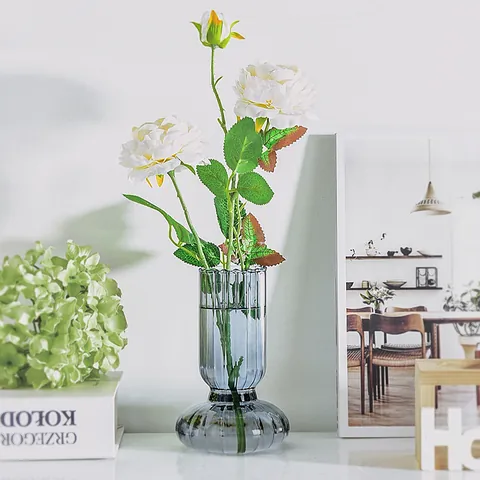 Nordic Striped Glass Vase Smoky Gray Transparent Flower Vase Modern Minimalist Hydroponic Plant Desktop Living Room Home Decor Ornament