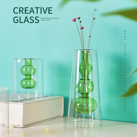Nordische Minimalistische Doppelwandige Borosilikatglas-Vase Kreative Flaschenkürbis-Form Transparente Farbige Blumentopf Für Hydrokultur Desktop-Deko