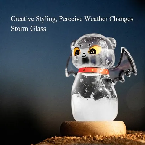 Bouteille de Prévision Météorologique Storm Glass en Forme de Chat Ornement de Bureau Créatif Avec Base en Bois Cadeau de Saint-Valentin