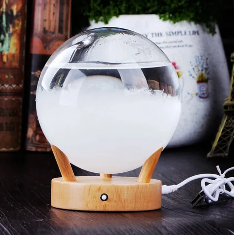 Boule de Cristal Créative Prévision Météo Storm Glass Avec Base en Bois Ornement de Bureau Moderne en Verre Cadeau pour Maison Bureau