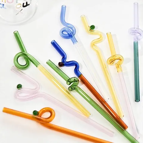 Pajitas Creativas de Vidrio Curvo Artístico Coloridas Irregulares Resistentes al Calor de Vidrio de Borosilicato para Jugo Cóctel Decoración de Fiesta