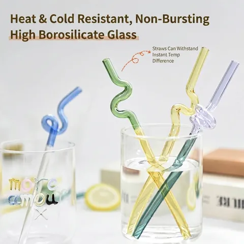 Pajitas Creativas de Vidrio Curvo Artístico Coloridas Irregulares Resistentes al Calor de Vidrio de Borosilicato para Jugo Cóctel Decoración de Fiesta