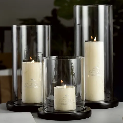 European Clear Glass Candle Holder With Black Base Cylinder Hurricane Candle Shield For Dining Table Wedding Home Decor