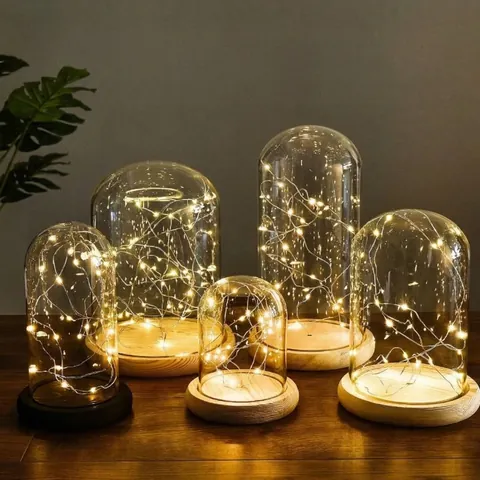Borosilicate Glass Cloche Display Dome With Wooden Base LED Fairy Lights For DIY Micro Landscape Home Wedding Decor