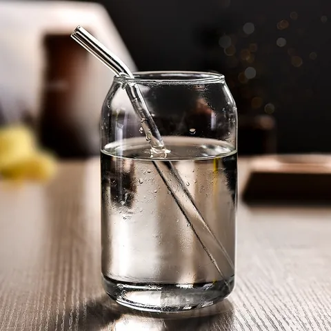 Can Shaped Borosilicate Glass Cup With Straw Heat Resistant Transparent Soda Coffee Mug For Cold Drinks Home Office Style